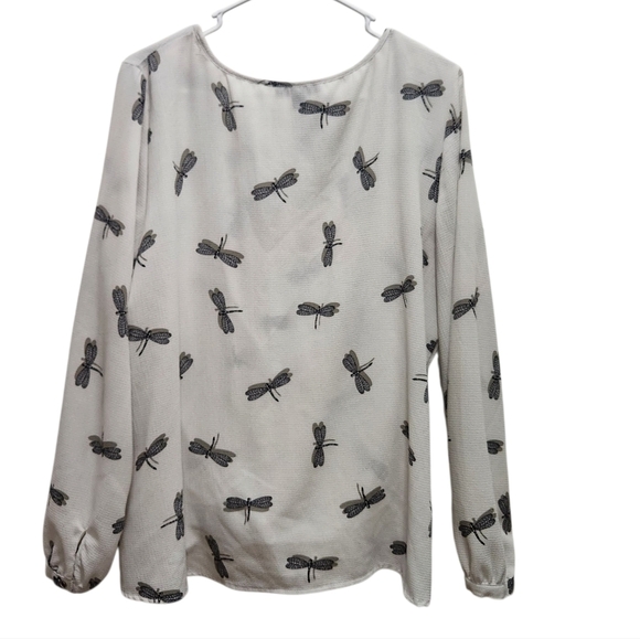 Roz & Ali Size XL White Blouse Black Dragonflies Allover Print Tie Front Keyhole - Picture 4 of 8